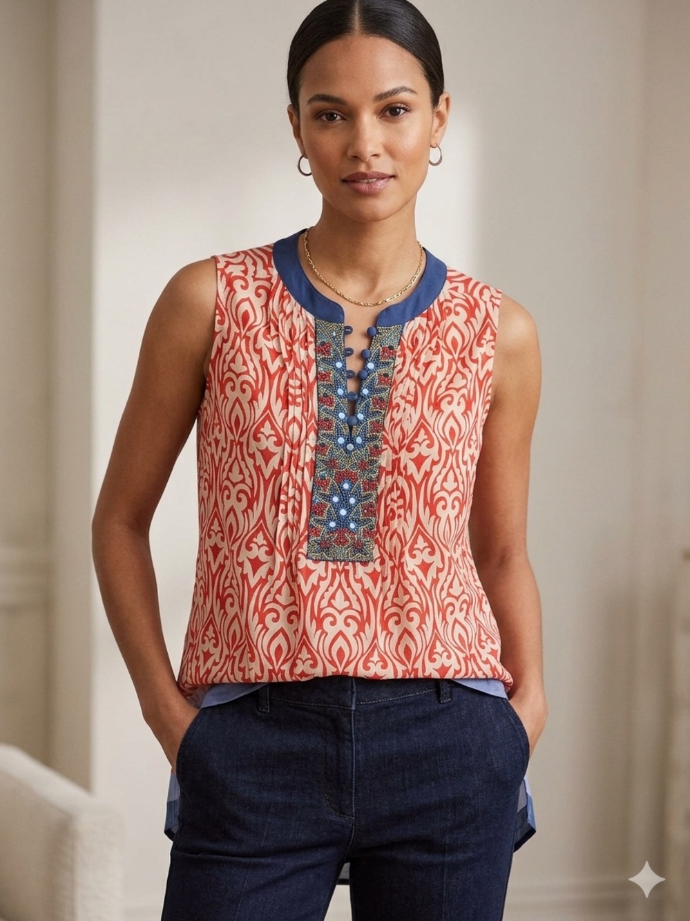 Lucky & Coco XL Boho Tunic Top Red White Blue Beaded Sleeveless Cotton